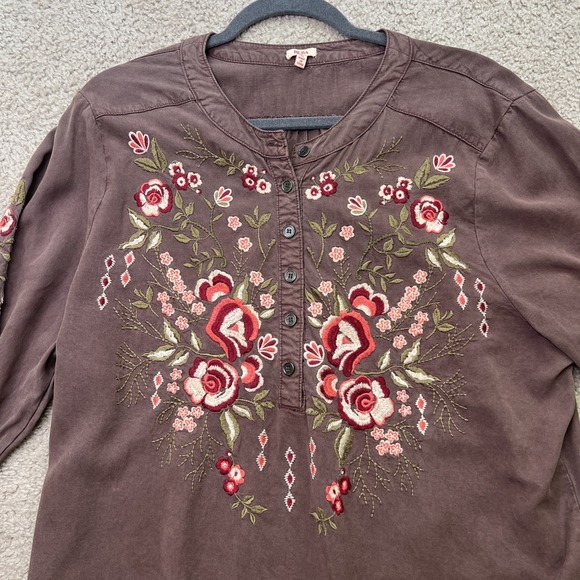REBA Woman Embroidered Fall Flowers Peasant Brown Blouse 3/4 Sleeves XL - Picture 2 of 9